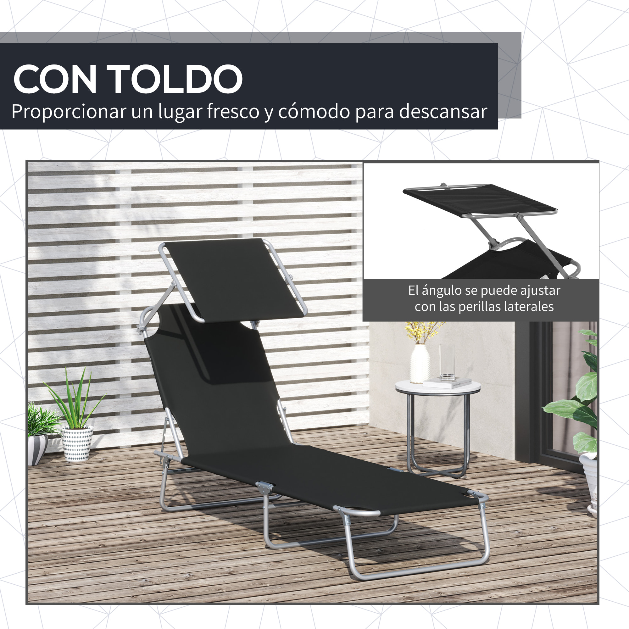 Tumbona Plegable de Hierro Oxford 187x58x27cm Negro