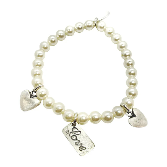 Pulsera elática en perla y charms Love plata chapado