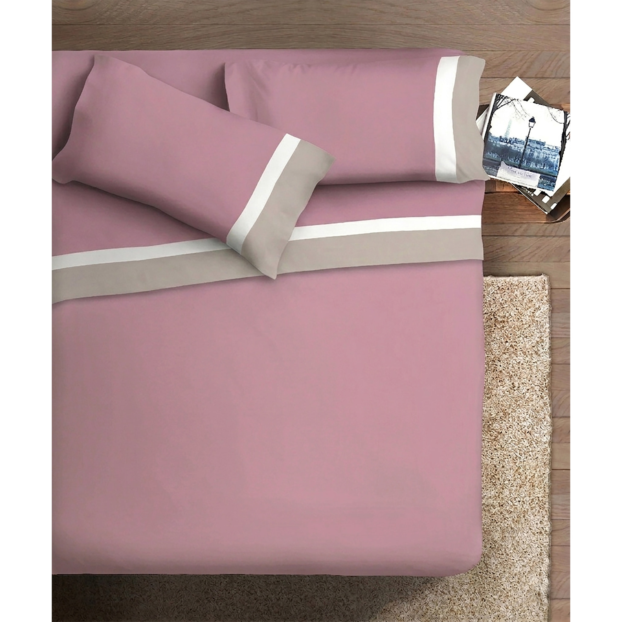Completo IPERSAN doppia balza RASO 2 Piazze Bordo RASO Panna/Bianco fondo Malva