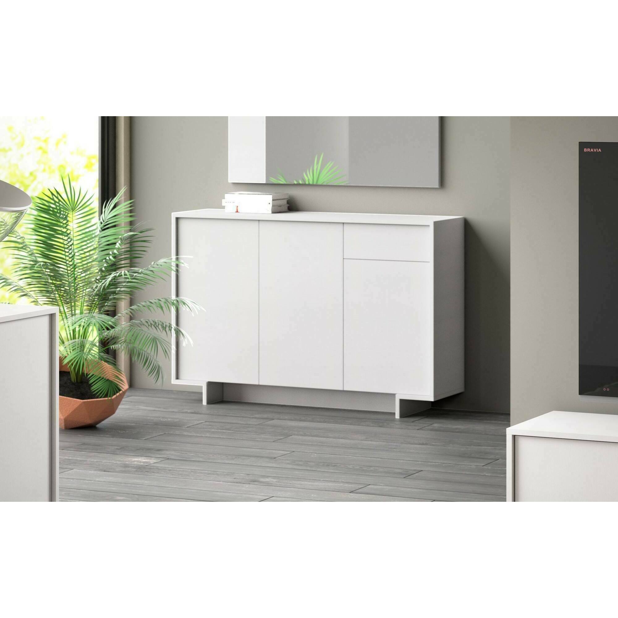 Credenza Dbakayok, Madia da salotto, Buffet da soggiorno a 3 ante e 1 cassetto, 100% Made in Italy, 134x35h87 cm, Bianco