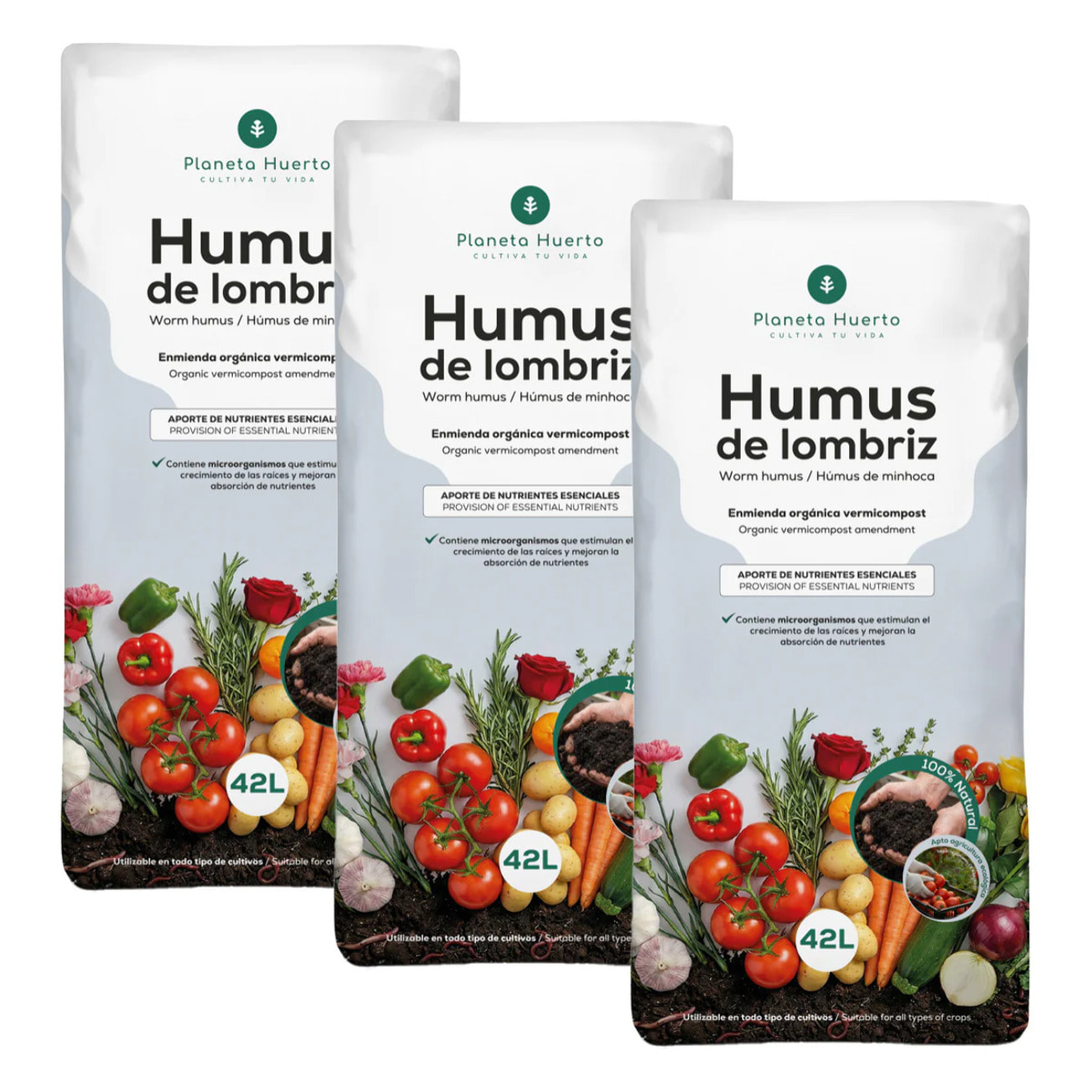 Pack 3x Humus de Lombriz 100% Natural Planeta Huerto 42 L