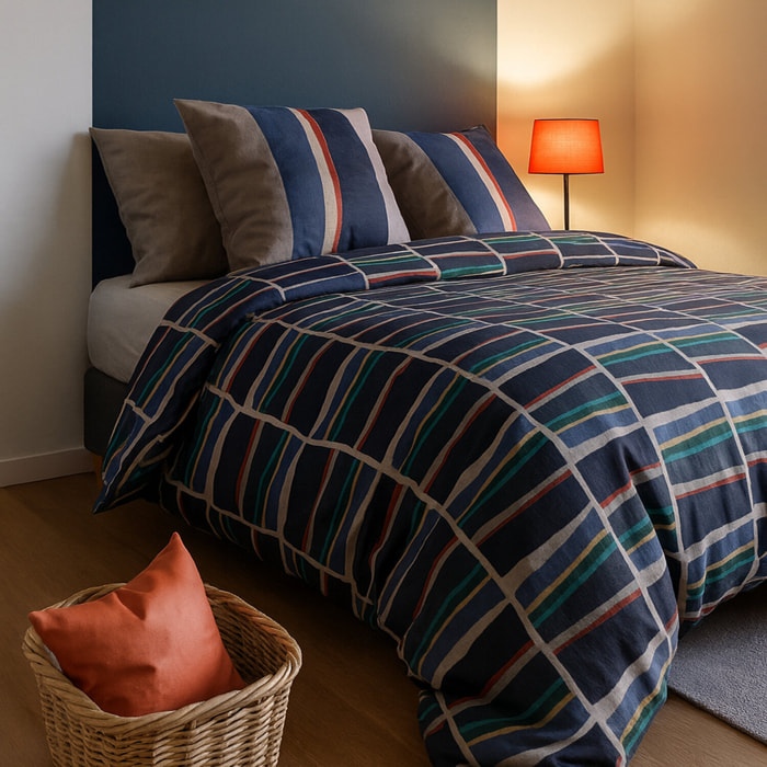 Parure housse de couette imprimé 100% coton - arty - bleu