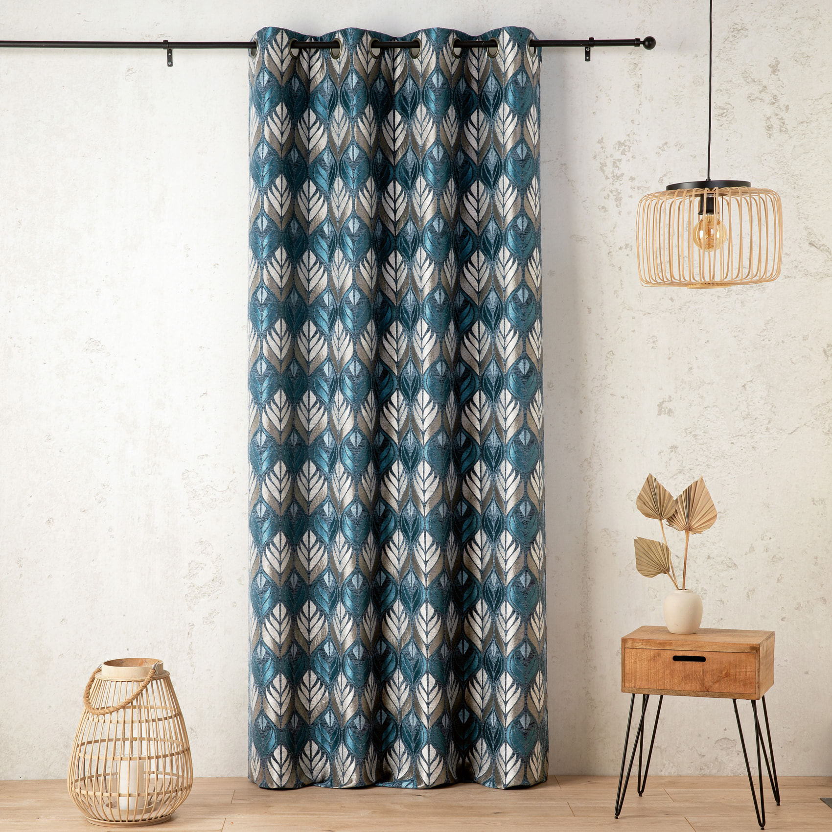 Rideau motif art déco  - Effet velours à oeillets - Bleu