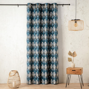 Rideau motif art déco  - Effet velours à oeillets - Bleu
