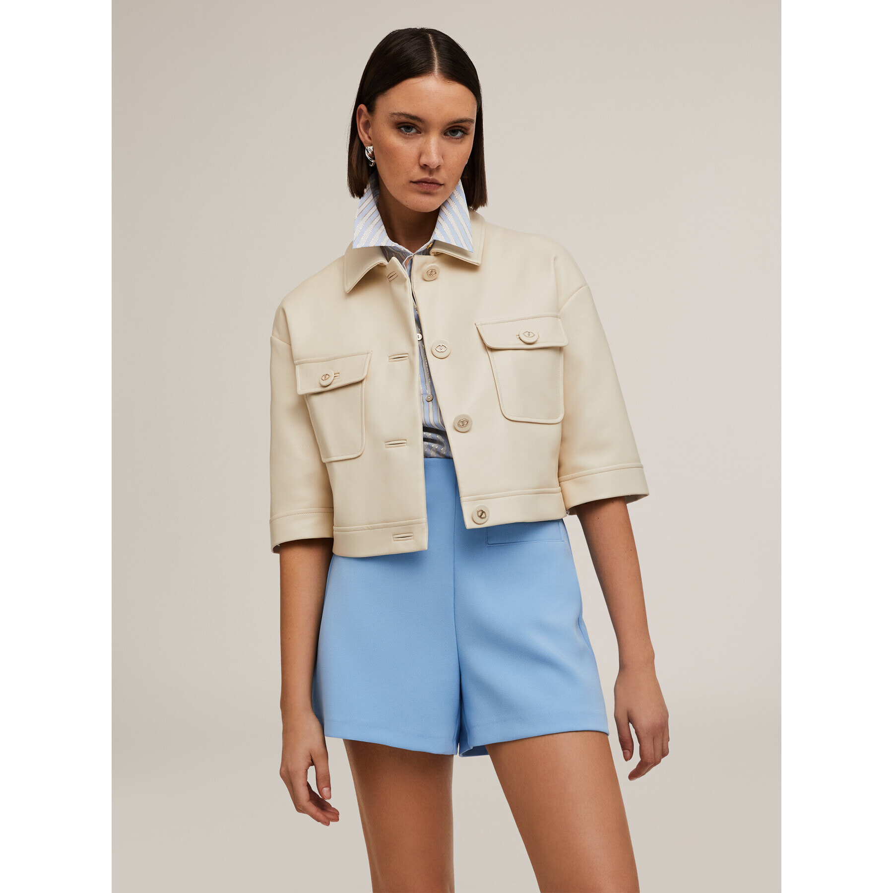 Motivi - Chaqueta cropped con cuello de tejido revestido - Blanco