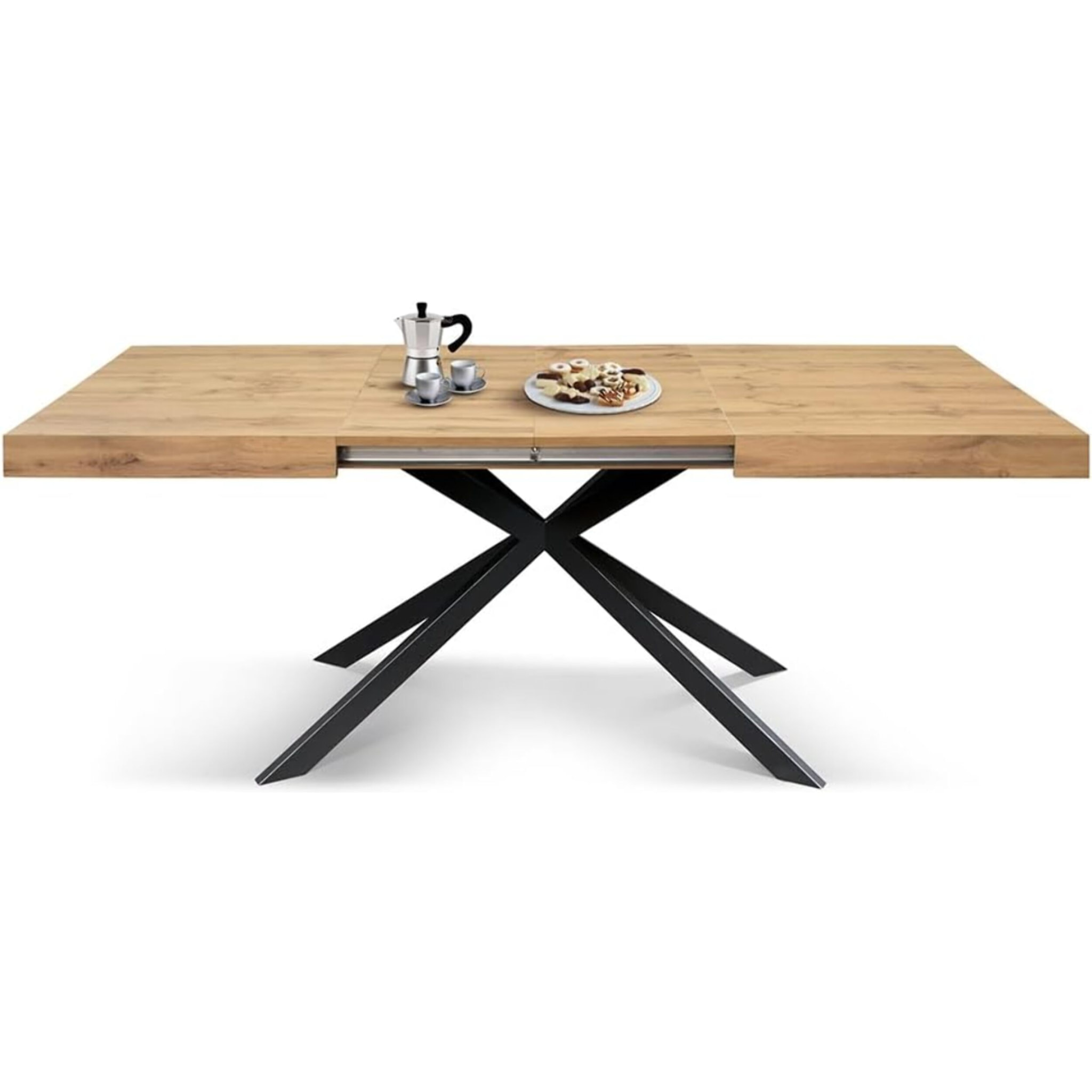 Tavolo CAMAIORE in legno, finitura rovere rustico e base in metallo verniciato antracite, allungabile 140x90 cm - 220x90 cm