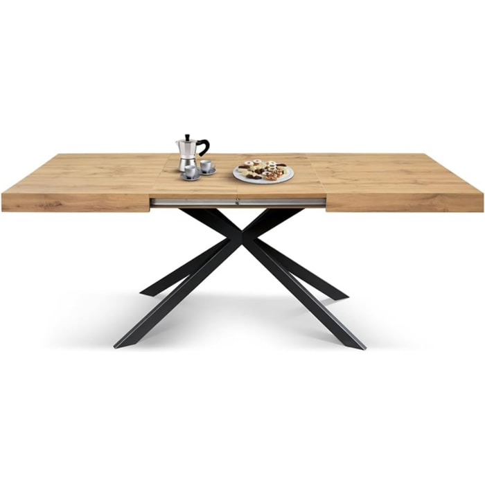 Tavolo CAMAIORE in legno, finitura rovere rustico e base in metallo verniciato antracite, allungabile 140x90 cm - 220x90 cm