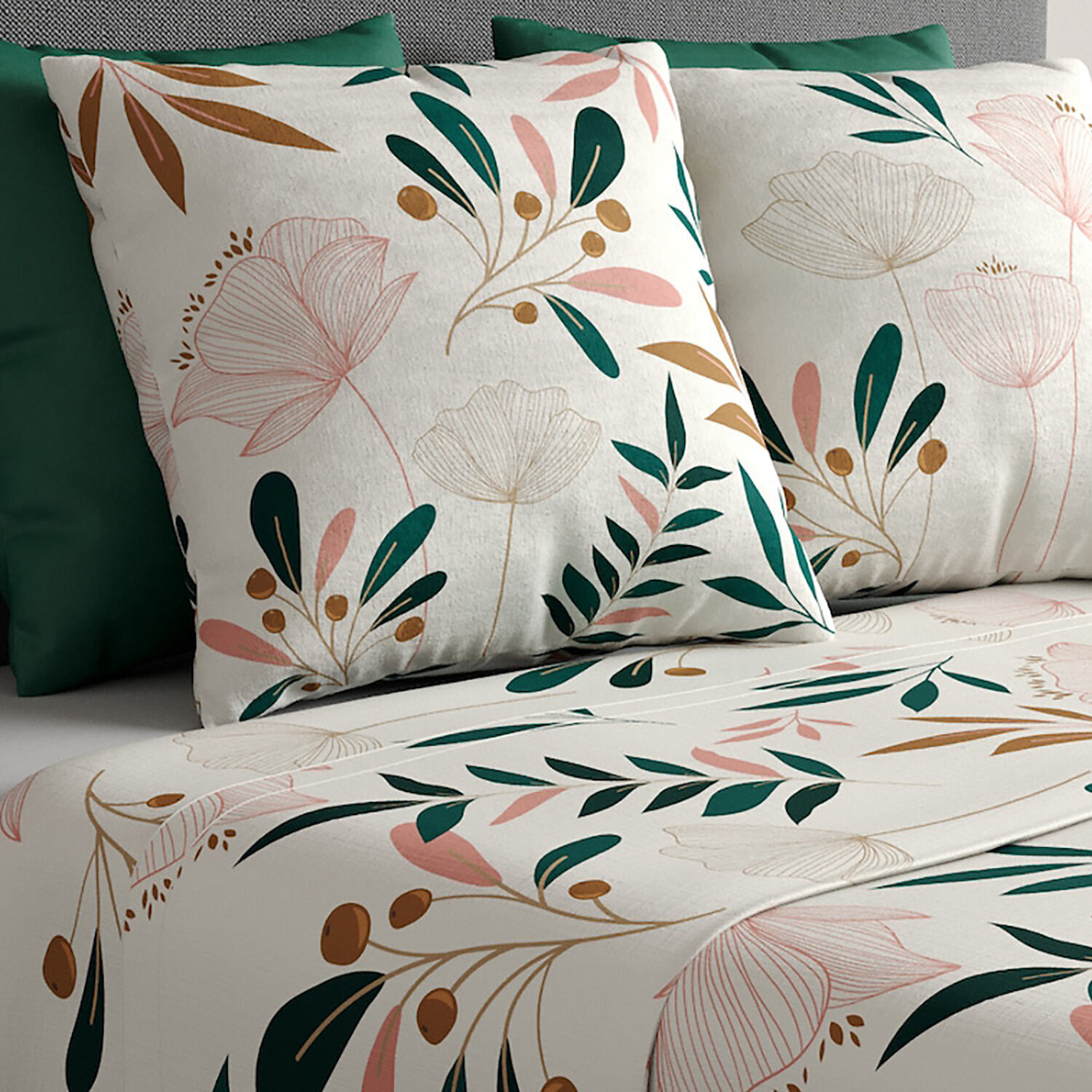 Parure de draps 100% coton motif feuillage - blanc vert rose