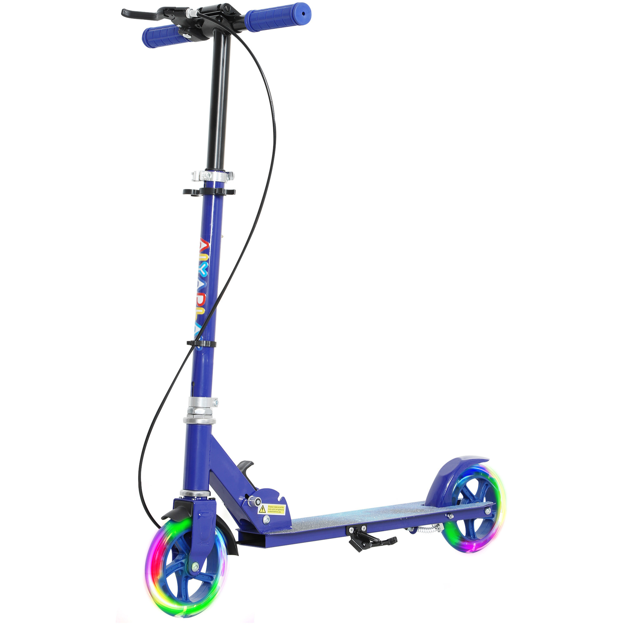 Trottinette pliable réglable enfant 3-8 ans roues lumineuses LED frein friction arrière et frein main métal bleu