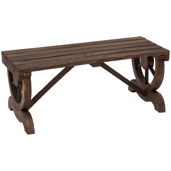 Banc de jardin 2 places style western piètement roues de charrette bois sapin traité carbonisation