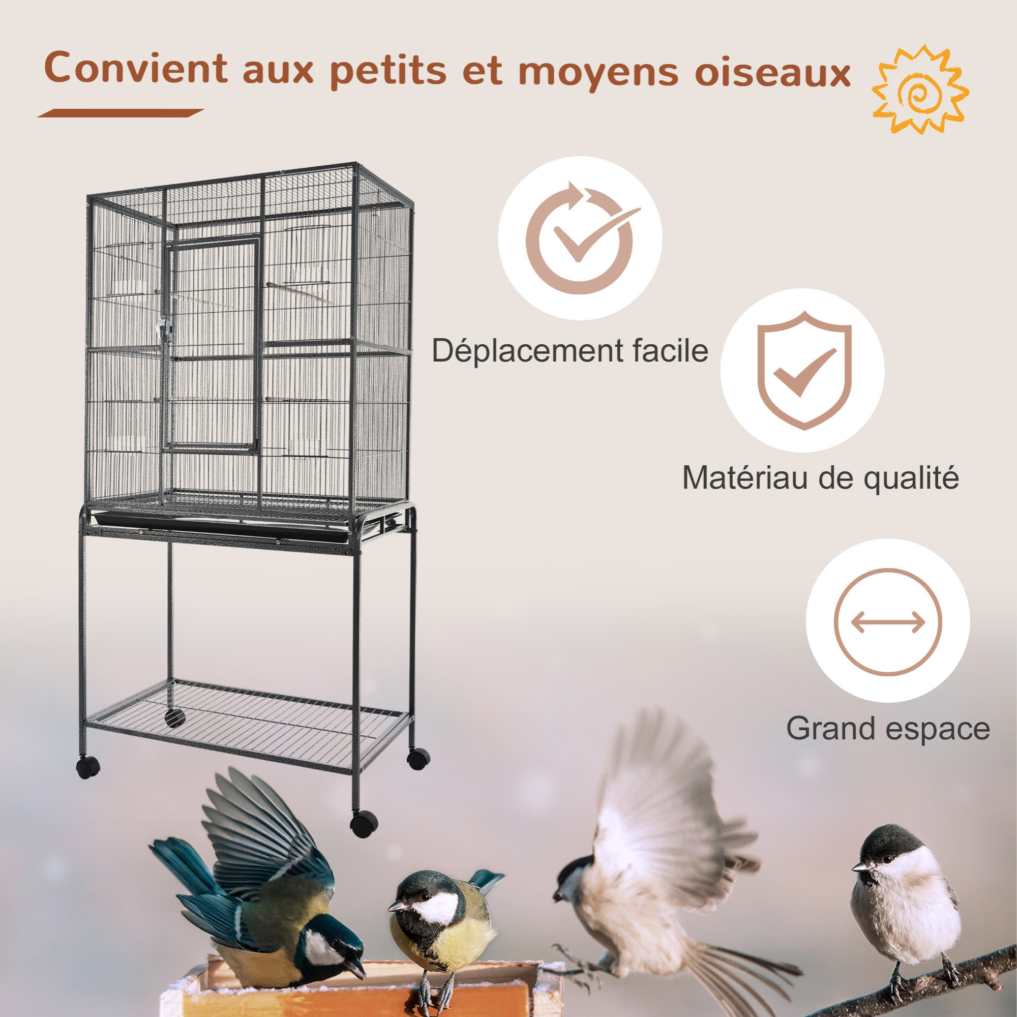 Cage à oiseaux portable avec 4 mangeoires et 4 perchoirs pratique 81 x 48 x 162 cm noir et gris