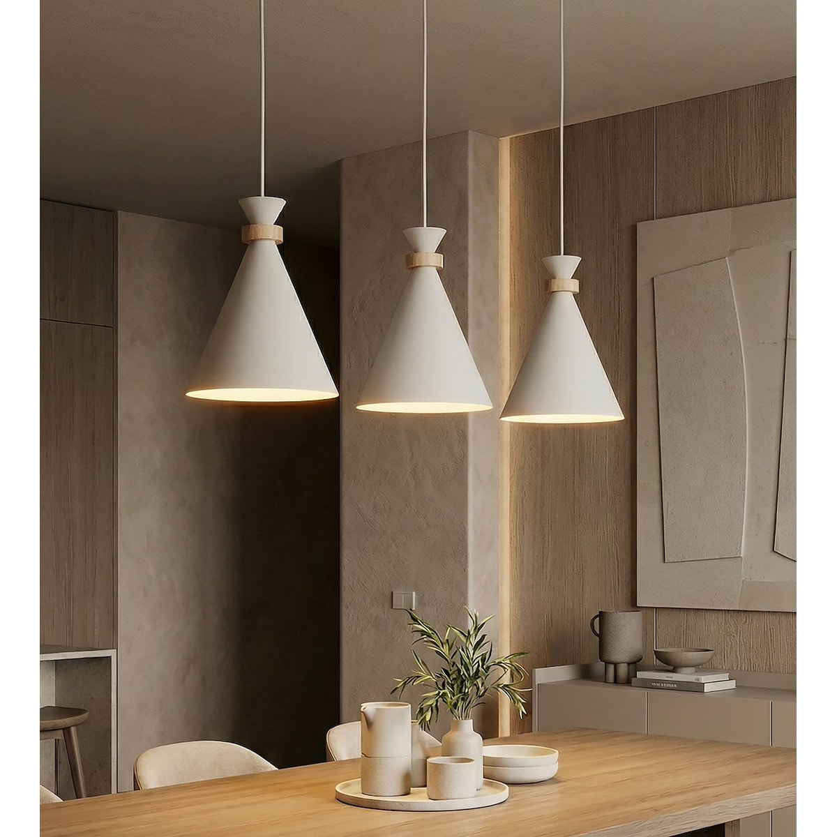 Lampada a sospensione Zero in acciaio bianco opaco e legno
