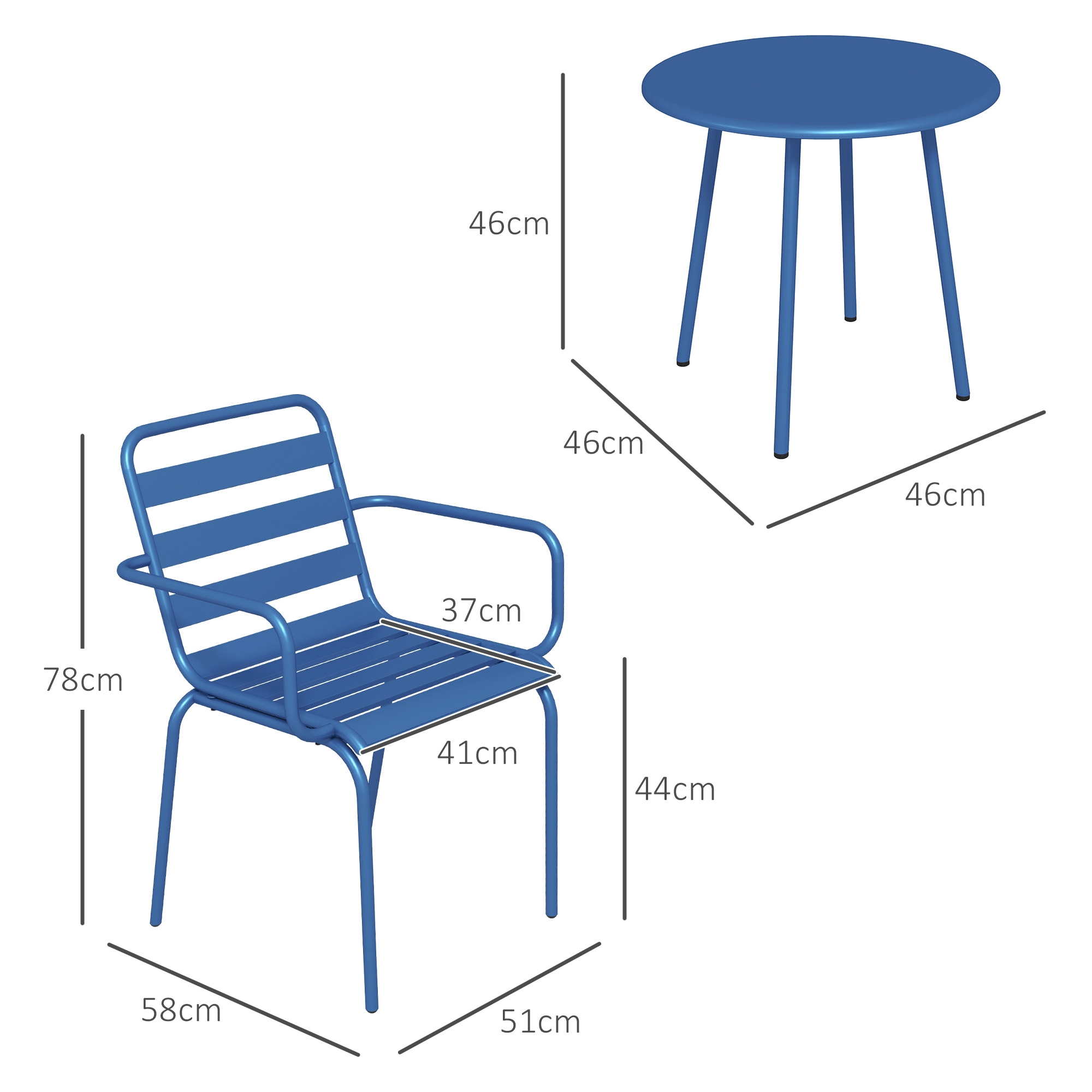 Salon de jardin bistro - table basse ronde Ø 60 cm 2 chaises empilables - acier thermolaqué bleu