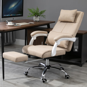 Fauteuil de bureau manager grand confort repose-pied tétière intégrés dossier inclinable lin beige