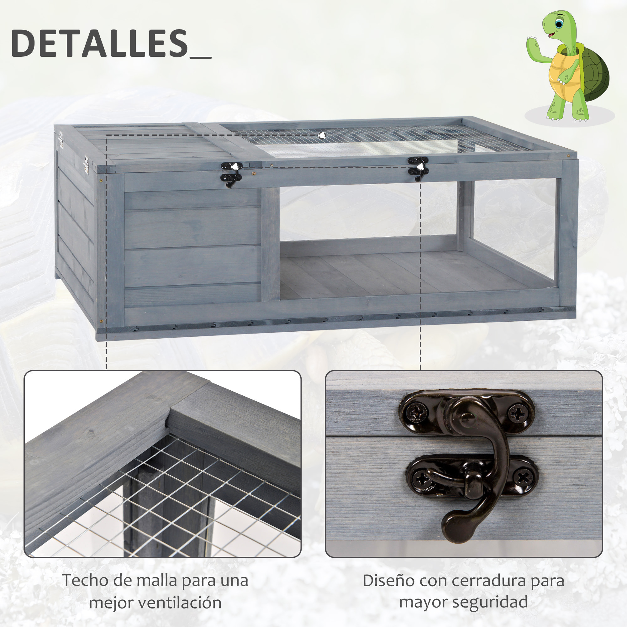 Casa para Tortugas de Madera Terrario para Reptiles con Techo de Malla Paneles Laterales Transparentes Extraíbles y Pestillo de Seguridad Caseta para Tortugas 91x60,5x32 cm Gris