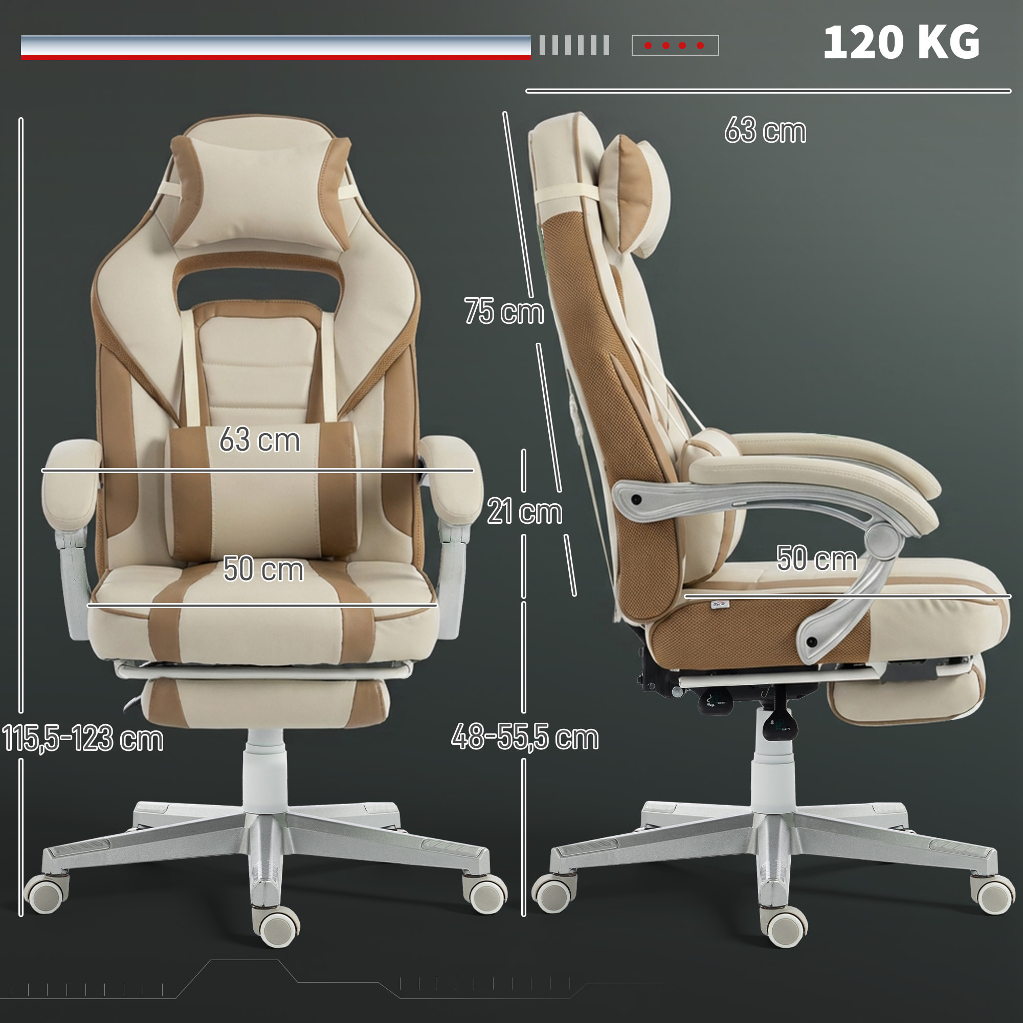 Silla Gaming, Silla Gamer Reclinable, con Altura Ajustable, Reposapiés Retráctil, Soporte Lumbar y Reposacabezas Desmontable, para Oficina, Estudio, Crema