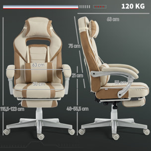 Silla Gaming, Silla Gamer Reclinable, con Altura Ajustable, Reposapiés Retráctil, Soporte Lumbar y Reposacabezas Desmontable, para Oficina, Estudio, Crema