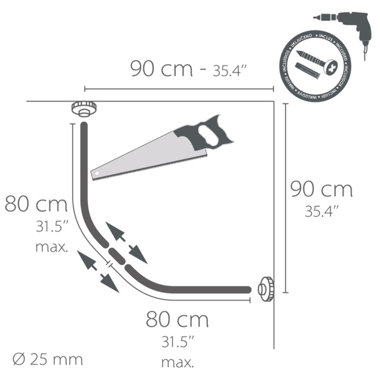 Barre tringle pour rideau de douche Incurvée à fixer en Alu Chromé 80x80cm MSV