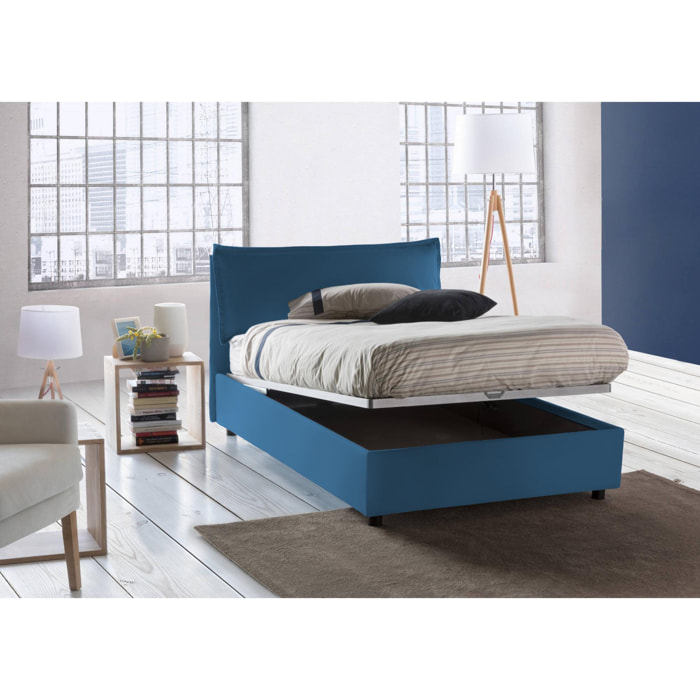 Letto piazza e mezza Claudia, Letto contenitore con rivestimento in tessuto, 100% Made in Italy, Apertura frontale, adatto per materasso Cm 120x200, Blu