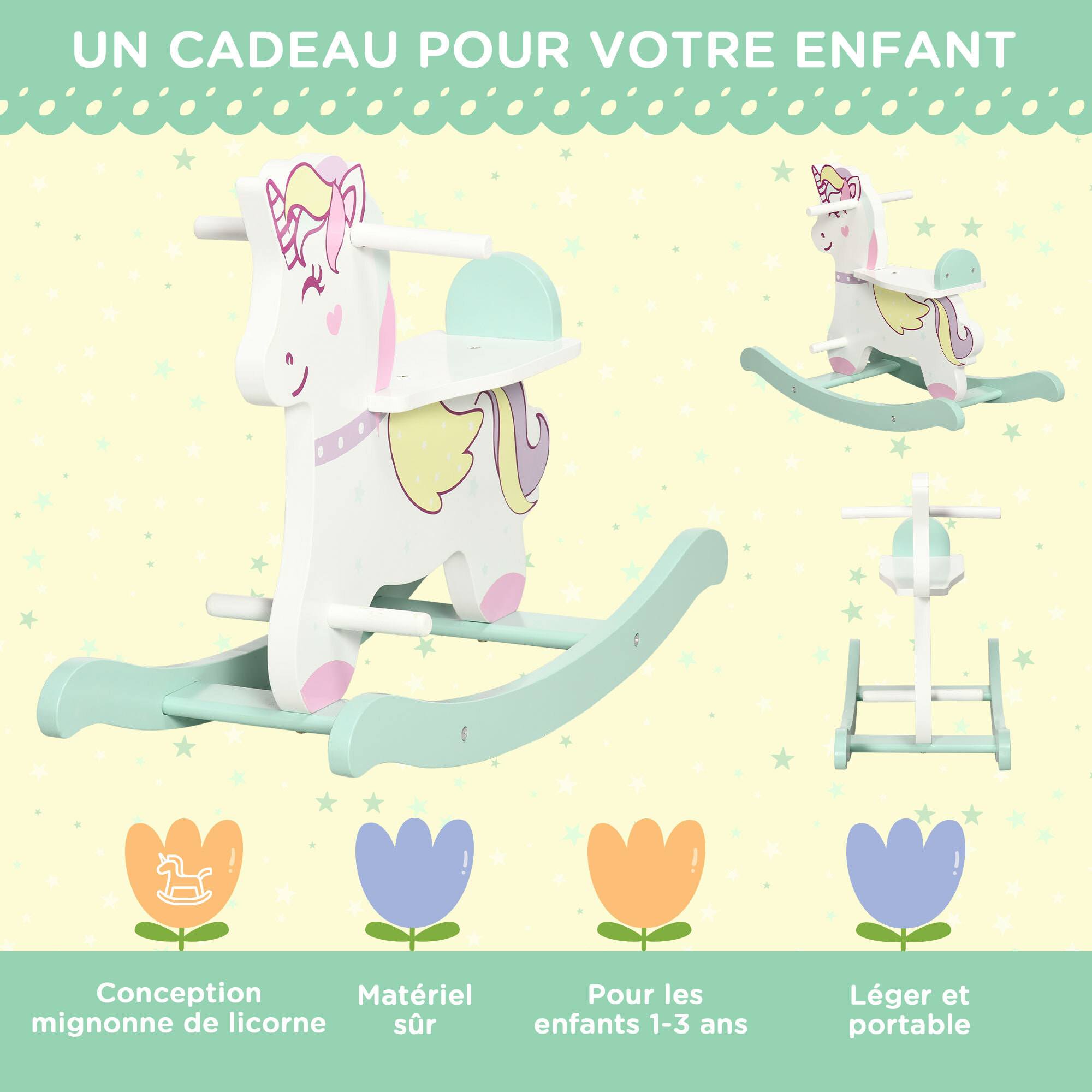 Cheval à bascule licorne en bois - jeu à bascule bois - poignées repose-pied butées - MDF blanc vert rose