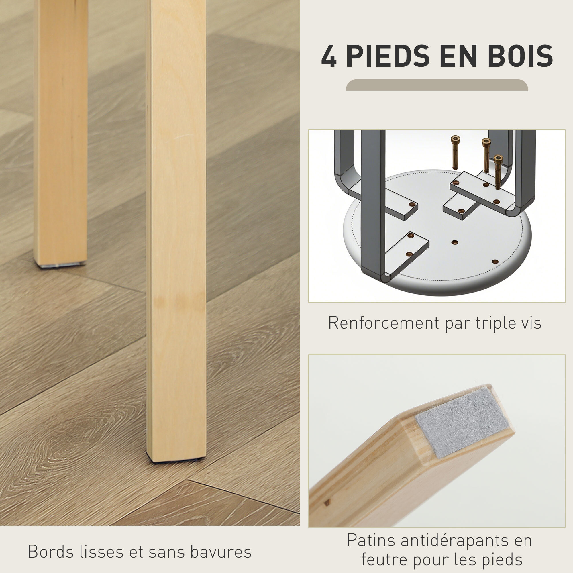 Lot de 4 tabourets empilables assise rembourrée dia.40 x H.45 cm bois clair gris