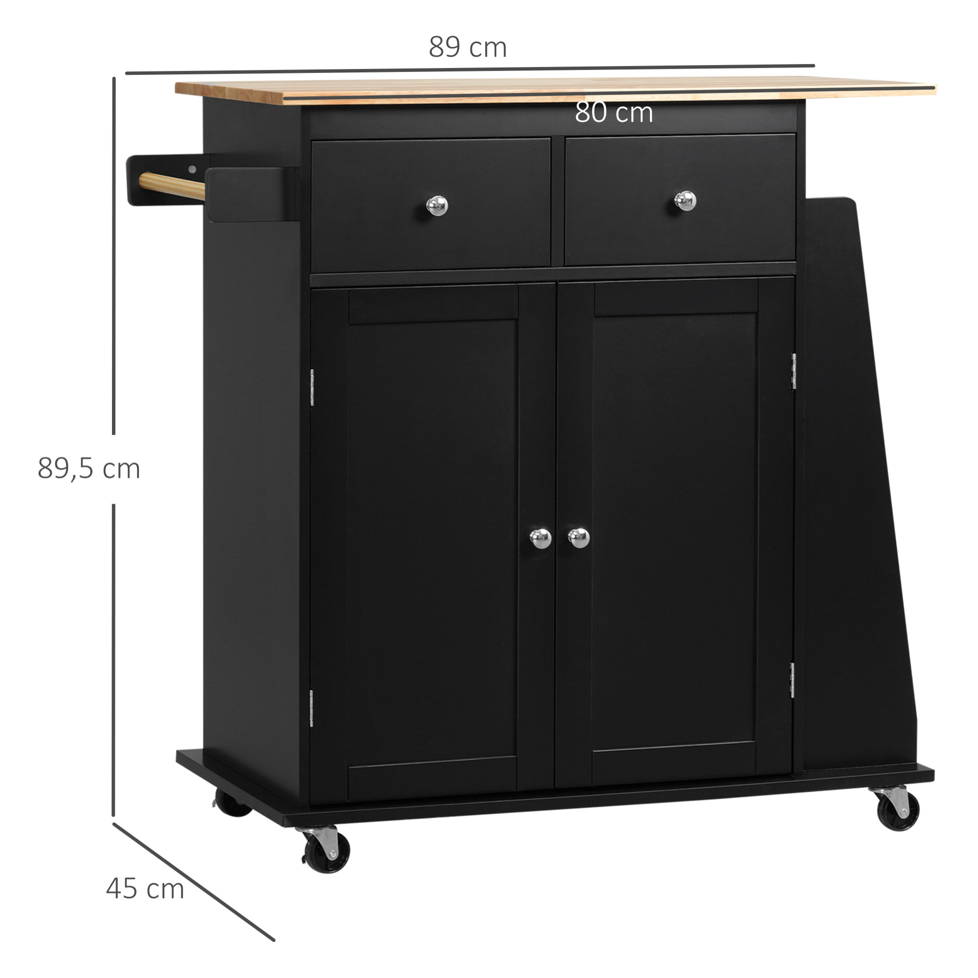 Desserte de cuisine multi rangements 2 tiroirs placard 2 portes avec étagère 3 range-bouteilles porte-torchons MDF noir hévéa