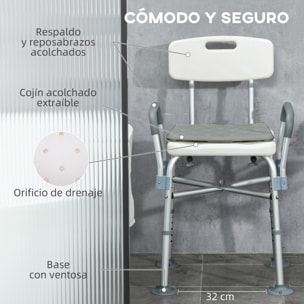 Silla Ducha Personas Mayores con Respaldo, Silla de Ducha Antideslizante con Reposabrazos, Altura Ajustable, Cojín Acolchado Extraíble, Carga 136 kg, para Ancianos y Discapacitados
