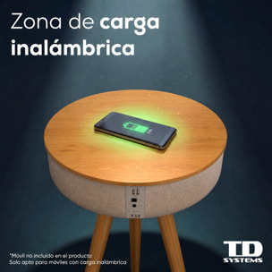 Mesa auxiliar altavoz portátil con sonido de 30W, Bluetooth, base de carga inalámbrica, batería de 2200mAh. Mesilla o mesita para dormitorio o sala de estar - TD Systems SM30B11WC [Madera cerezo]