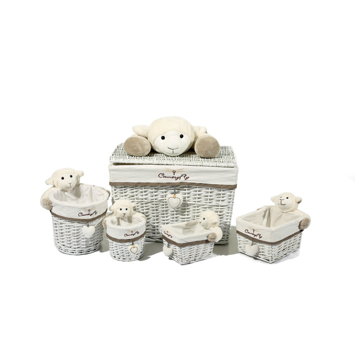 Set 5 cesti in vimini bianco Sheep I con baule portaoggetti, tema pecorella