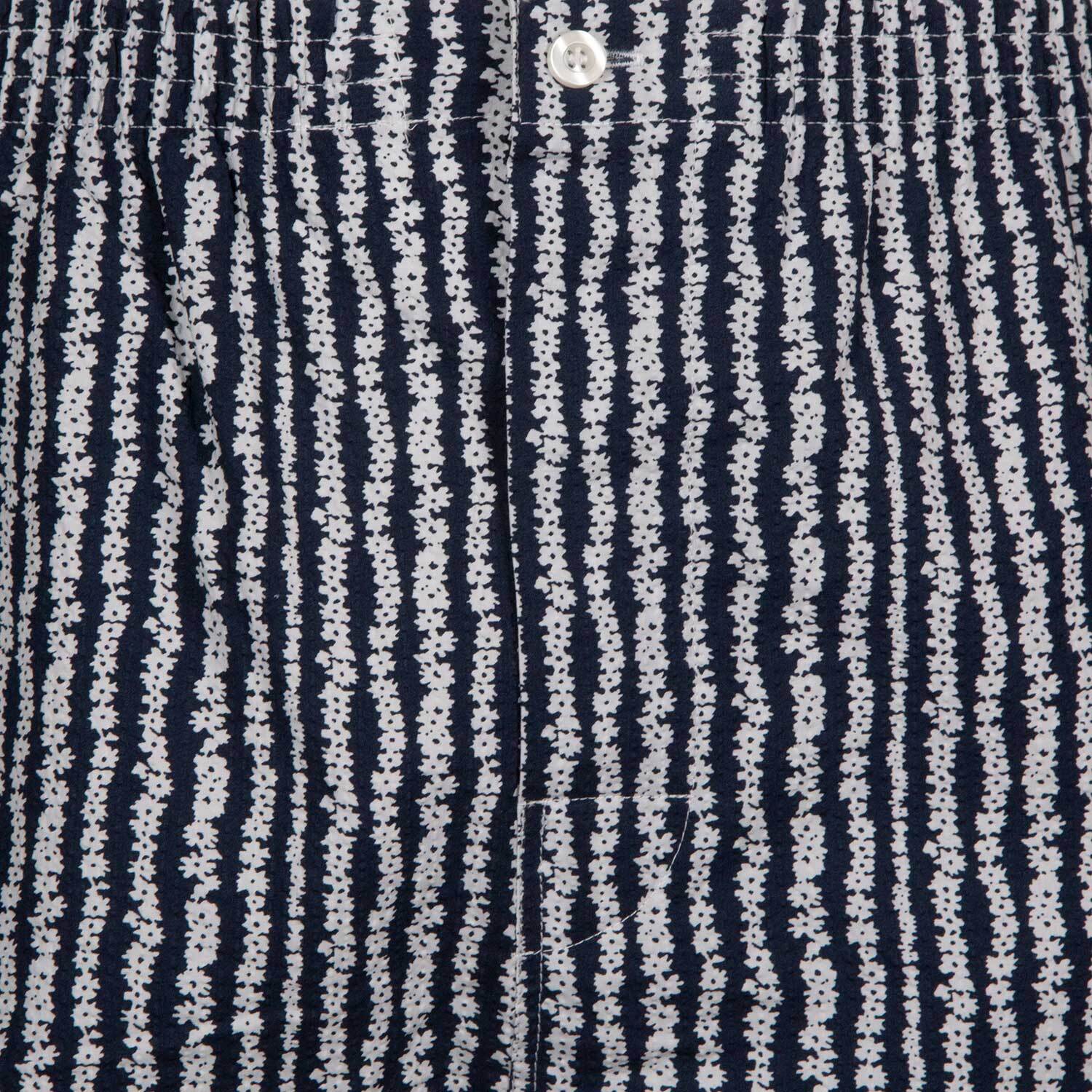 PANTALONE GRINO cotone blu riga fiori bianchi