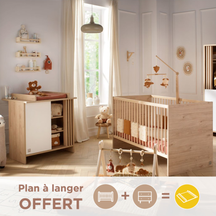 Chambre bébé évolutive Tokyo, Lit 140x70 évolutif et Commode à langer claustra - Chêne suave