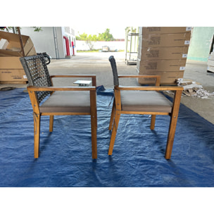 Juego de 2 Sillas de Jardín Exterior de Madera, Sillas de Jardín Apilables con Cojines Desmontables, Brazos, Respaldo de Ratán PE, Carga 160 kg, para Terraza, 59x55x86 cm, Madera Natural