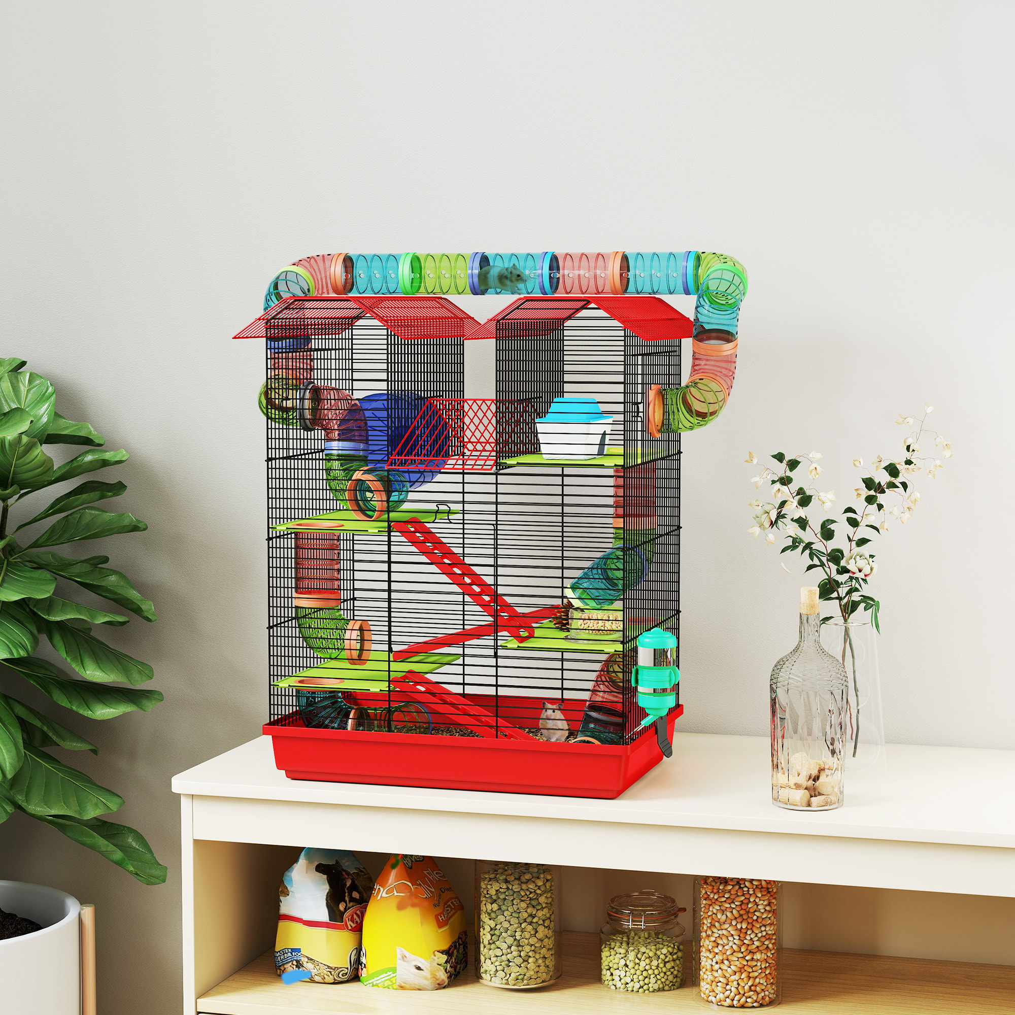 Cage pour hamster souris petits animaux rongeur avec tunnel mangeoire roue jouet 47 x 30 x 59 cm cm rouge