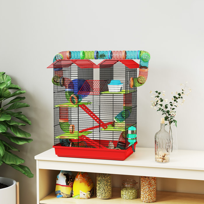Cage pour hamster souris petits animaux rongeur avec tunnel mangeoire roue jouet 47 x 30 x 59 cm cm rouge