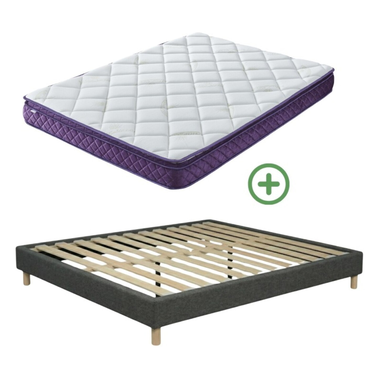 Ensemble Matelas Master & sommier déco| 100% Mémoire de forme | Surmatelas intégré | Cadre à lattes | Tissu | Gris foncé