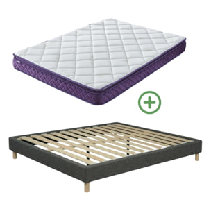 Ensemble Matelas Master & sommier déco| 100% Mémoire de forme | Surmatelas intégré | Cadre à lattes | Tissu | Gris foncé
