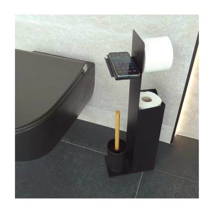 Combiné Wc avec support smartphone Acier & Bambou YONI Noir mat Spirella