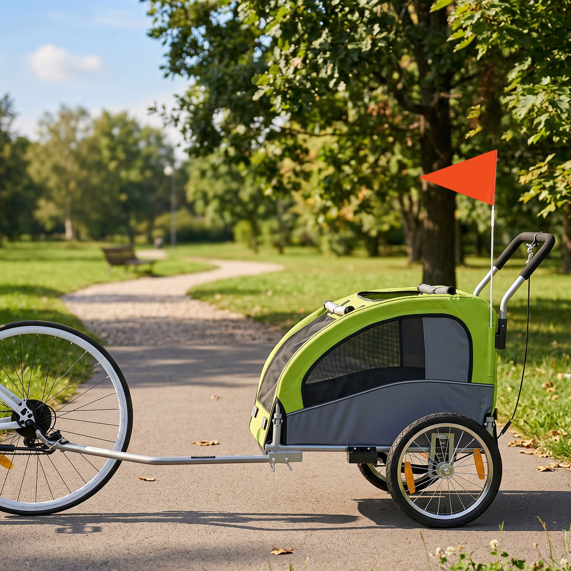 Remolque de Bicicleta Perros 2 en 1, Carrito para Perros Medianos hasta 20 kg y Gatos Plegable con Suspensión, Neumáticos Grandes, Ventanas de Malla, Freno de Mano, Reflectores, Bandera, Verde