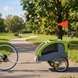 Remolque de Bicicleta Perros 2 en 1, Carrito para Perros Medianos hasta 20 kg y Gatos Plegable con Suspensión, Neumáticos Grandes, Ventanas de Malla, Freno de Mano, Reflectores, Bandera, Verde