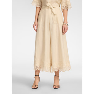 Elena Mirò - Pantaloni cropped in lino con pizzo - Beige