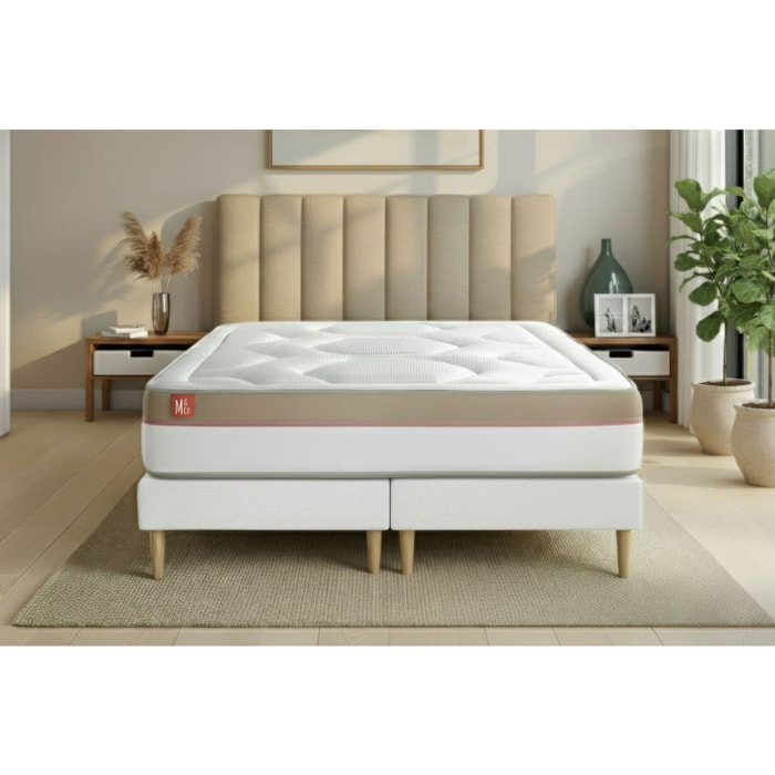 Ensemble - Matelas Mémoire de forme 30cm d'épaisseur - 7 zones de confort - Confort ferme - Sommier tapissier monobloc - 2 places