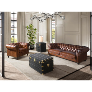 Sillón Chester con reposabrazos con asiento y respaldo tapizados en piel de origen vacuno en marrón coñac patas de madera maciza tintada en caoba 120x94x79cm
