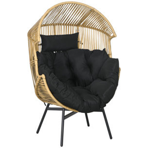 Sillón de Ratán Sintético Silla de Terraza en Forma de Huevo con Reposacabezas Acolchado Cojín y Marco de Acero para Jardín Balcón 89x75x143 cm Arena y Negro