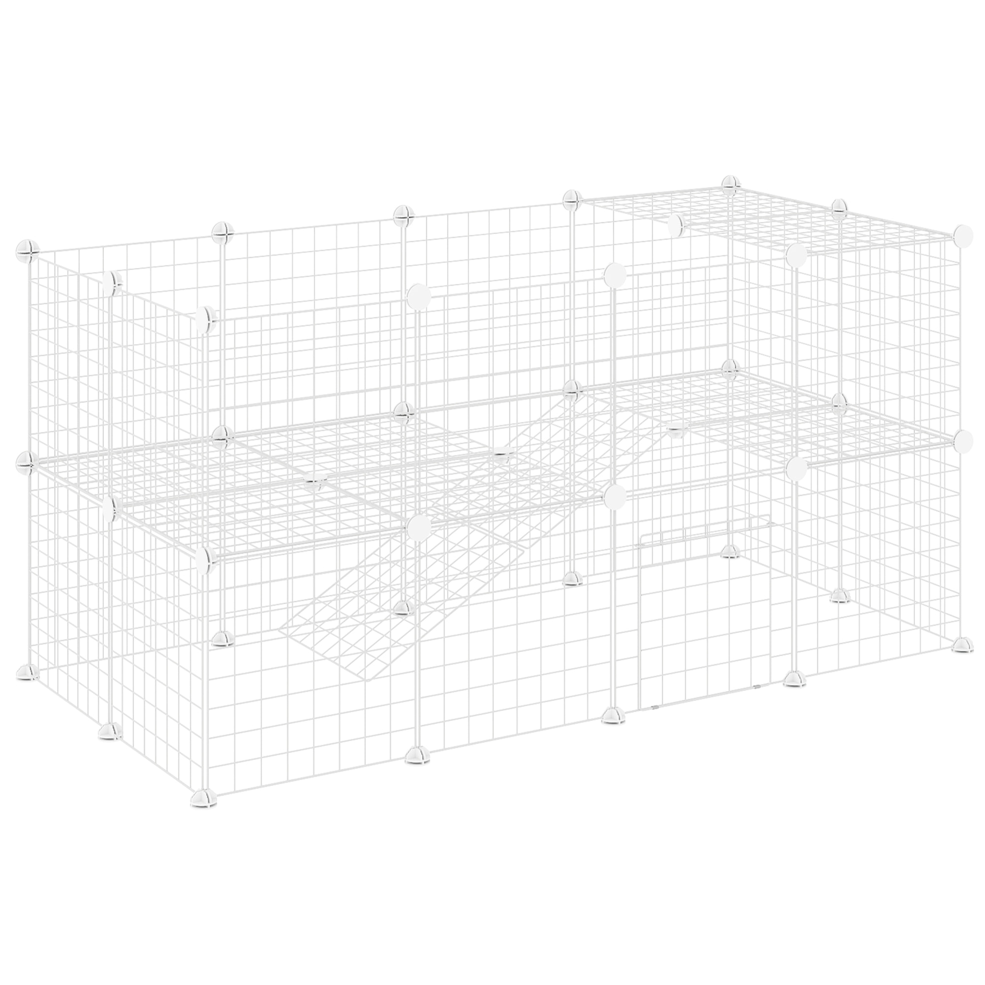 Cage parc enclos pour animaux domestiques L 146 x l 73 x H 73 cm modulable 2 niveaux 36 panneaux bords arrondis fil métallique blanc