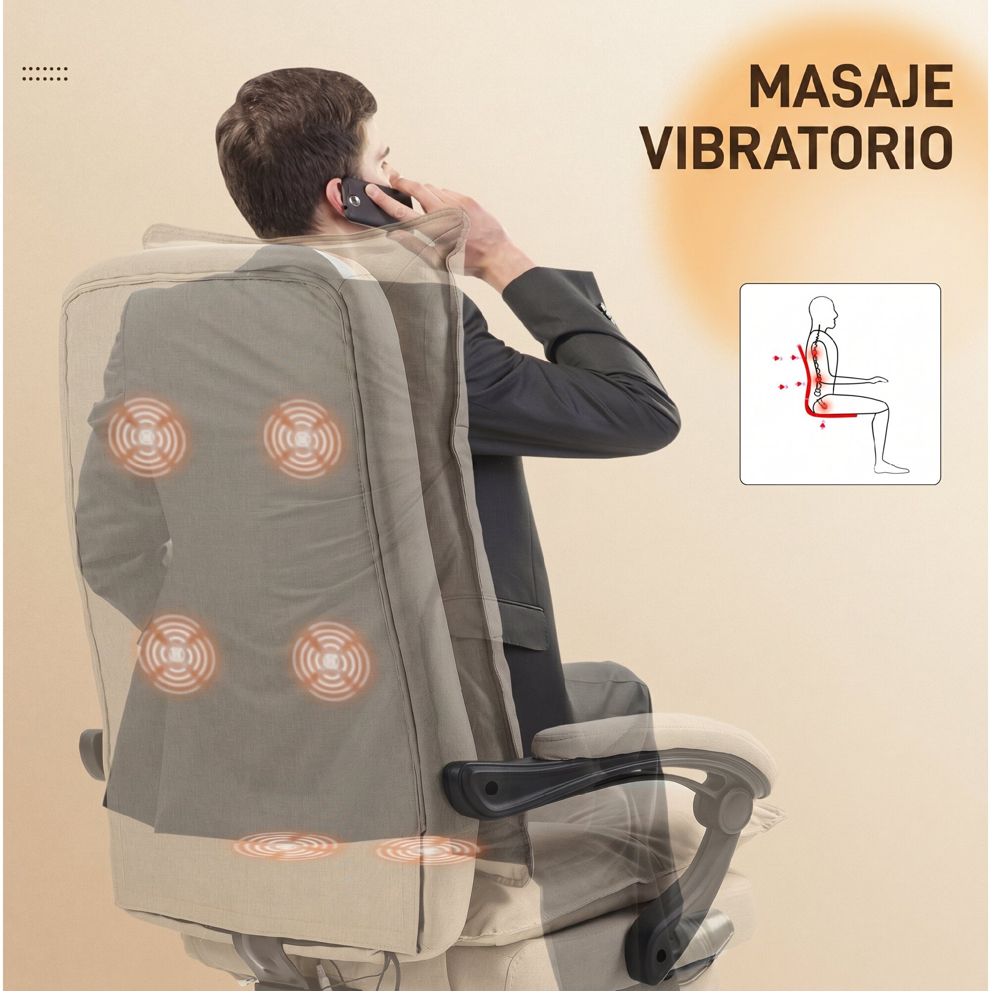 Vinsetto Silla de Oficina Ejecutiva con Masaje, Silla de Escritorio Ergonómica con Altura Ajustable, Respaldo Reclinable, Reposapiés, Mando con Cable, Giratoria 360°, Beige
