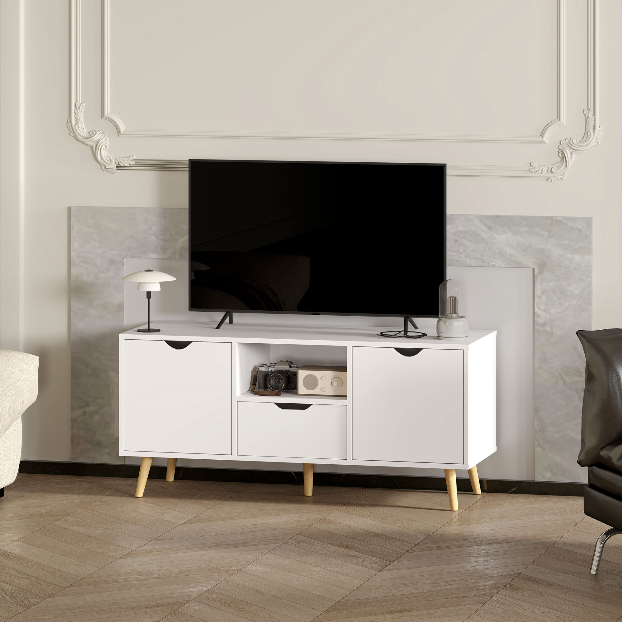 Mueble de TV, Mesa de TV con Cajón, 2 Puertas y Estante Abierto, Patas de Madera, para Televisores hasta 50 Pulgadas, Largo de 110 cm, para Salón, Dormitorio, Blanco