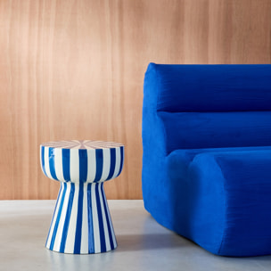 Table d'appoint. bout de canapé. table de chevet. acier émaillé rayures bicolore. bleu et blanc. Ø34 x H41cm