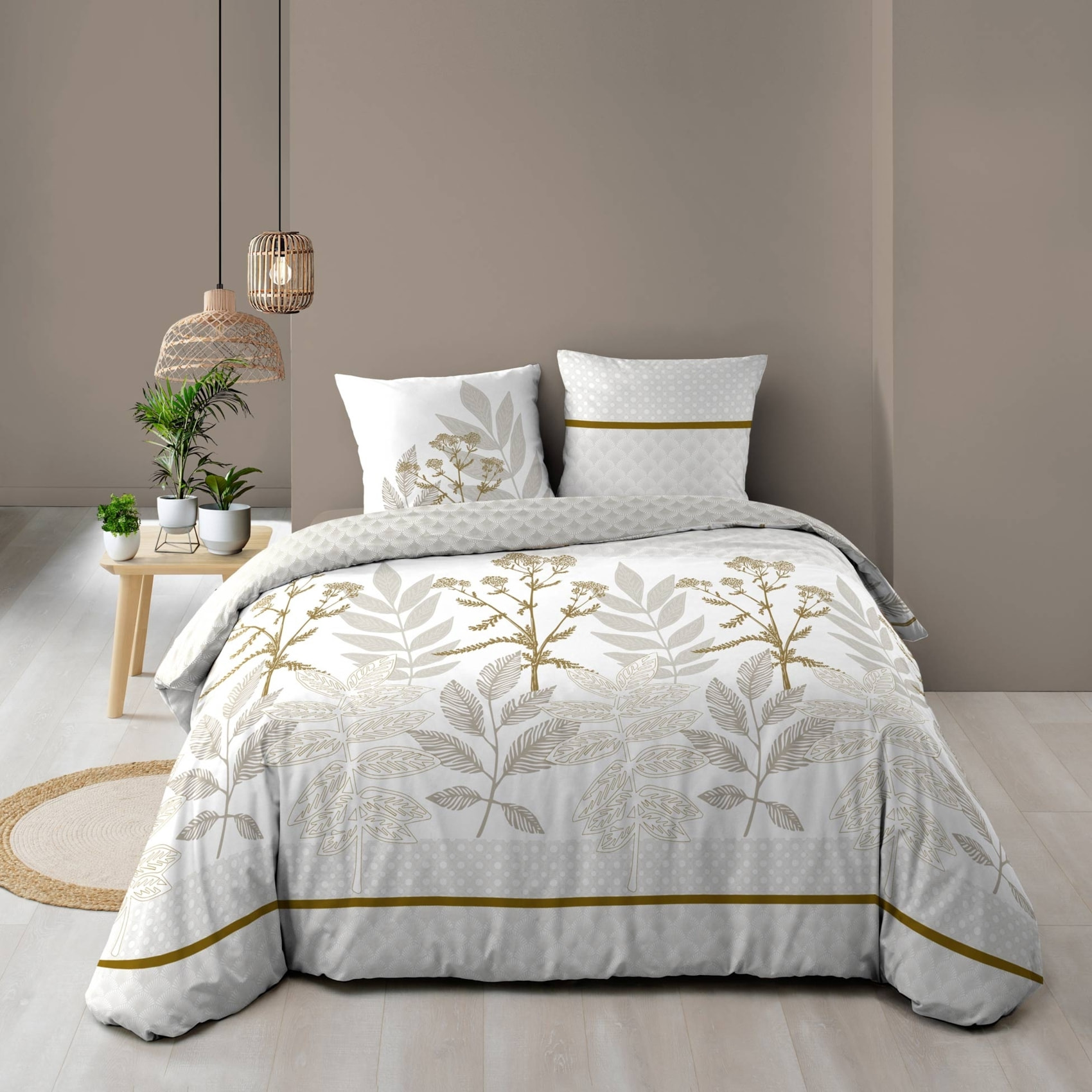 Parure de lit coton motif feuillage double face imprimée - Naturel