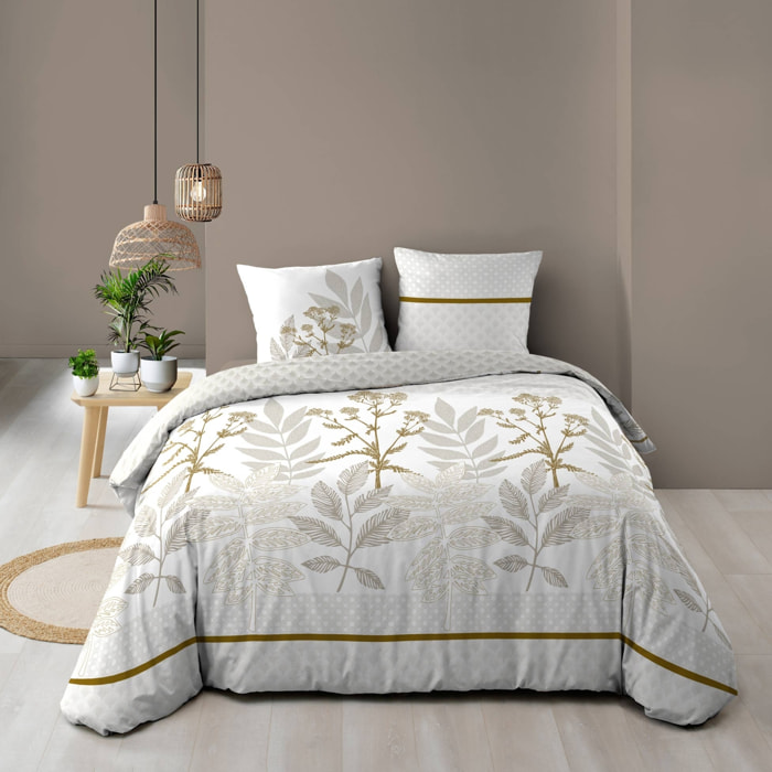 Parure de lit coton motif feuillage double face imprimée - Naturel