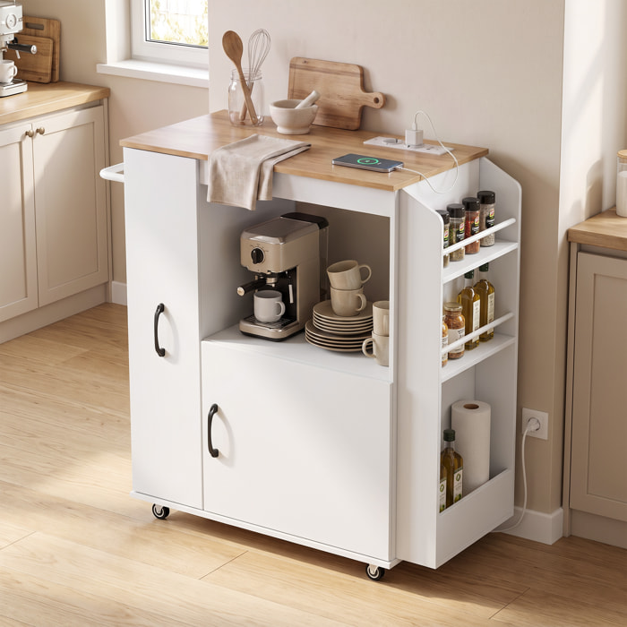 HOMCOM Carrito de Cocina con Ruedas y Estación de Carga, Carro de Cocina Rodante con Armario, Organizador Extraíble, Especiero y Barra de Toallas para Comedor o Salón, 80x40x88 cm, Blanco